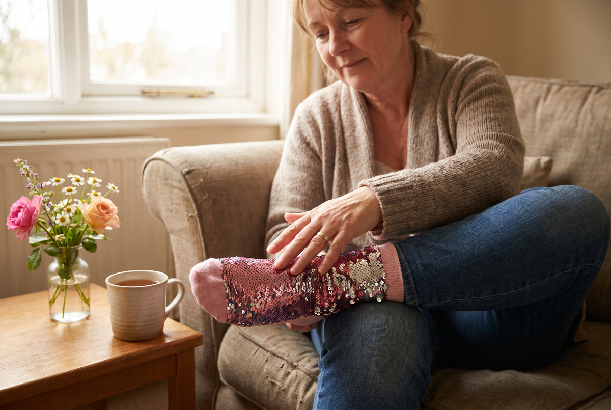 Mains d'une femme brossant les paillettes d'une chaussette posée sur ses genoux, à côté d'une tasse de thé et de fleurs Image