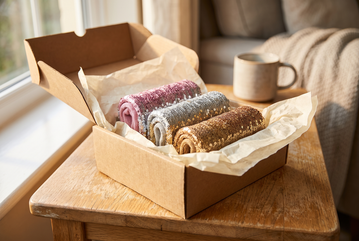 Coffret cadeau ouvert contenant plusieurs paires de chaussettes à paillettes colorées sur une table en bois Image