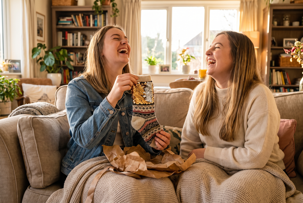 Deux amies assises sur un canapé qui rient en découvrant une paire de chaussettes à paillettes sortie d'un paquet cadeau