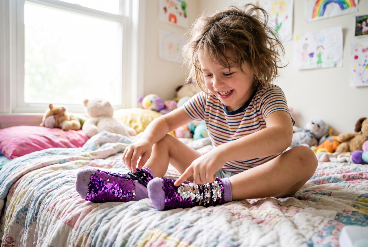 Enfant d'environ six ans assis sur un lit, qui brosse du doigt les paillettes de ses chaussettes violettes Image