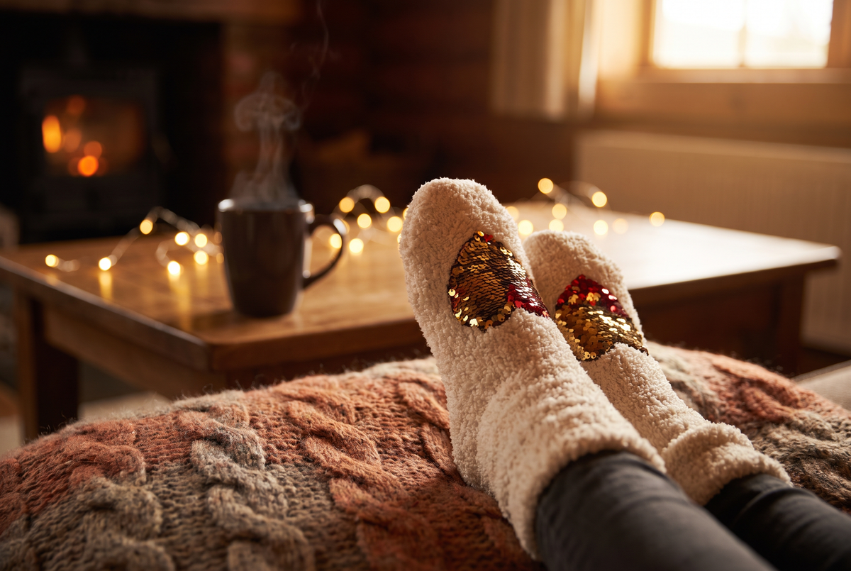 Pieds posés sur un plaid en laine près d'une tasse fumante, chaussés de chaussettes moumoute douces ornées de paillettes Image