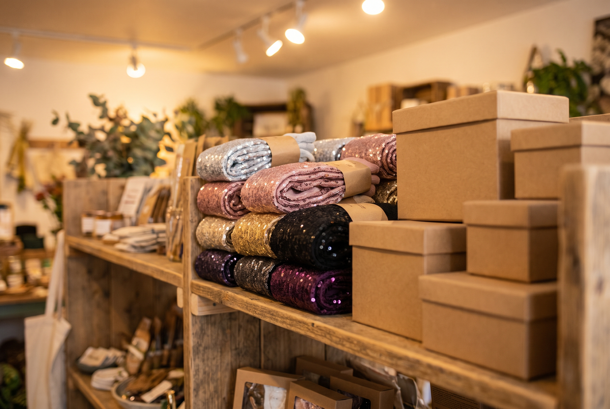 Étagère de boutique cadeaux garnie de chaussettes à paillettes de plusieurs couleurs, roulées et rangées par teinte, à côté de coffrets unis Image