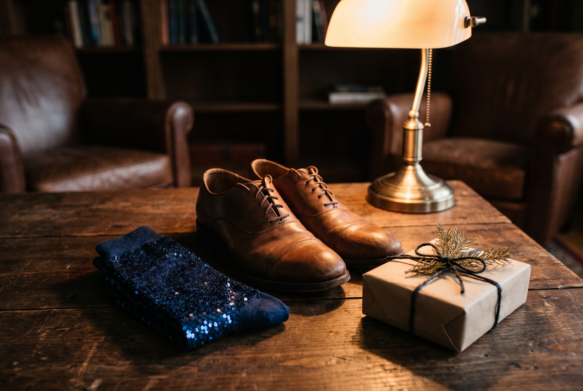Pieds d'un homme en jean portant des chaussettes à paillettes bleu nuit, posés sur un tapis de salon